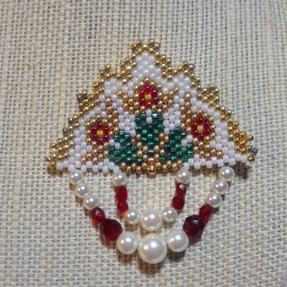 Hand Crafted Seedbead Red Flower Picture Brooch Pin Vintage